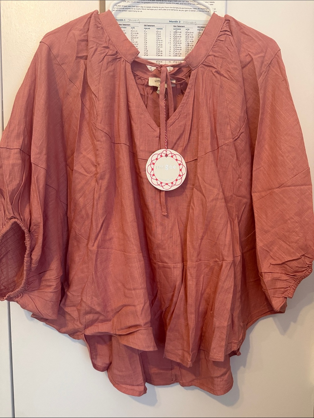 Umgee Rose Dusty Peasant Blouse with Tie Neck